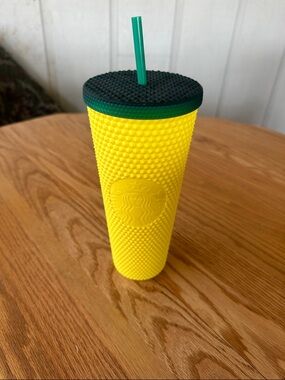 Starbucks Yellow Textured Cold Cup with Dark Green Lid and Green Straw